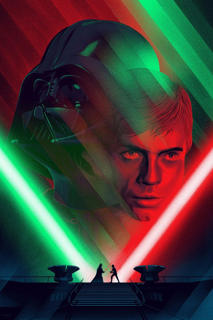 Death Star II Duel by Kevin Tong. 24"x36" screen print. Hand numbered. Edition of 275. Printed by D&L Screenprinting. $60